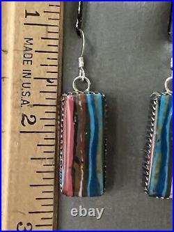 Rainbow calsilica Rectangle Sterling Silver Navajo AJoe sign earrings 3188