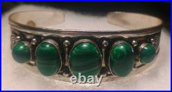 Rare Navajo Sterling Silver 6 Malachite Cabochon Silver Spiral Cuff Bracelet 25g