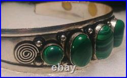 Rare Navajo Sterling Silver 6 Malachite Cabochon Silver Spiral Cuff Bracelet 25g