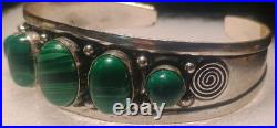 Rare Navajo Sterling Silver 6 Malachite Cabochon Silver Spiral Cuff Bracelet 25g