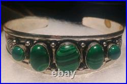 Rare Navajo Sterling Silver 6 Malachite Cabochon Silver Spiral Cuff Bracelet 25g