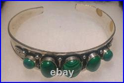 Rare Navajo Sterling Silver 6 Malachite Cabochon Silver Spiral Cuff Bracelet 25g