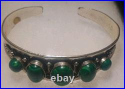 Rare Navajo Sterling Silver 6 Malachite Cabochon Silver Spiral Cuff Bracelet 25g