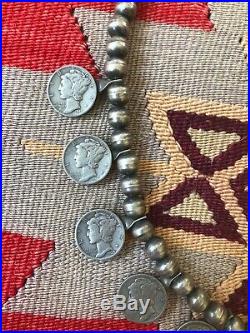 Rare Old Pawn Navajo Old Necklace Sterling Silver & Turquoise & Mercury Dimes
