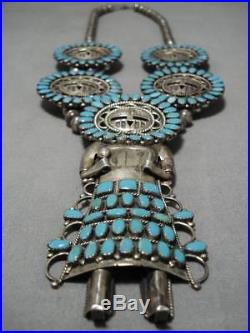 Rare Vintage Navajo Sterling Silver Turquoise Kachina Squash Blossom Necklace