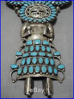 Rare Vintage Navajo Sterling Silver Turquoise Kachina Squash Blossom Necklace