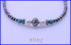 Real Blue Kingman Arizona Turquoise Freshwater Pearls & Sterling Silver Necklace