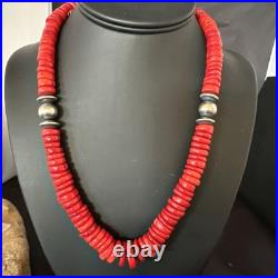 Red Bamboo Coral Navajo Sterling Silver Bead Necklace 19 19227