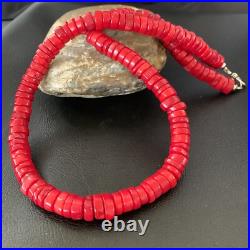Red Coral Native American Navajo Sterling Silver Bead Necklace 11873