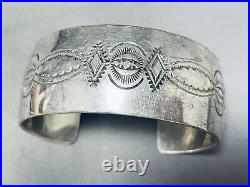 Remarkable Vintage Navajo Sterliing Silver Handstamped Large Bracelet