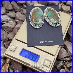 Royston Turquoise Large Signed Sterling Silver Navajo Pierced Earrings