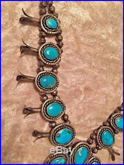 SALE! Vintage Navajo Turquoise Sterling Silver Squash Blossom Necklace