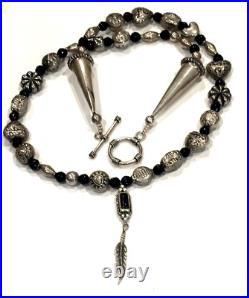 SHARON CISCO SC Sterling Silver BLACK ONXY FEATHER PENDANT BEAD 24 Necklace