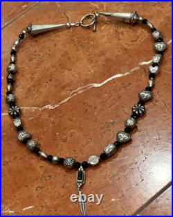 SHARON CISCO SC Sterling Silver BLACK ONXY FEATHER PENDANT BEAD 24 Necklace