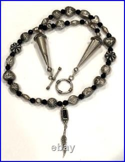 SHARON CISCO SC Sterling Silver BLACK ONXY FEATHER PENDANT BEAD 24 Necklace