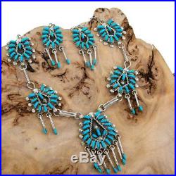 SQUASH BLOSSOM NECKLACE Set ZUNI Turquoise Sterling Silver Needlepoint Earrings