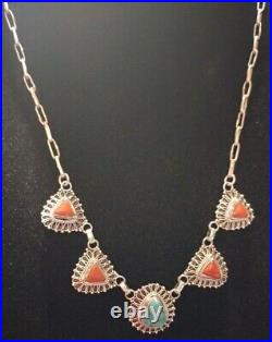 STERLING SILVER NAVAJO VINTAGE TURQUOISE & RED CORAL LARIAT NECKLACE 22.6 Grams