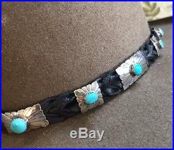 STERLING SILVER TURQUOISE NAVAJO BLACK LEATHER BRAIDED DEERSKIN Hatband HAT BAND