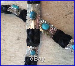 STERLING SILVER TURQUOISE NAVAJO BLACK LEATHER BRAIDED DEERSKIN Hatband HAT BAND