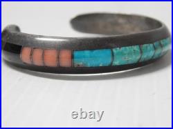 Sgnd Navajo Indian Sterling Silver Fine Inlay Turquoise Jet Spiny Row Bracelet