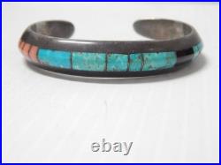 Sgnd Navajo Indian Sterling Silver Fine Inlay Turquoise Jet Spiny Row Bracelet