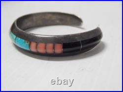 Sgnd Navajo Indian Sterling Silver Fine Inlay Turquoise Jet Spiny Row Bracelet