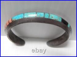 Sgnd Navajo Indian Sterling Silver Fine Inlay Turquoise Jet Spiny Row Bracelet