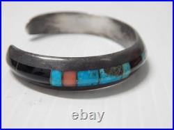 Sgnd Navajo Indian Sterling Silver Fine Inlay Turquoise Jet Spiny Row Bracelet