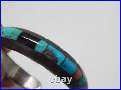 Sgnd Navajo Indian Sterling Silver Fine Inlay Turquoise Jet Spiny Row Bracelet