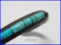 Sgnd Navajo Indian Sterling Silver Fine Inlay Turquoise Jet Spiny Row Bracelet