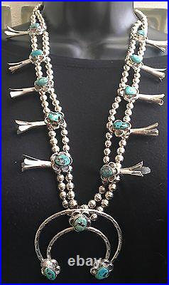 Signed 26 (4.75 Oz.) Navajo Turquoise & Sterling Squash Blossom Necklace