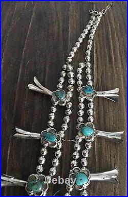 Signed 26 (4.75 Oz.) Navajo Turquoise & Sterling Squash Blossom Necklace