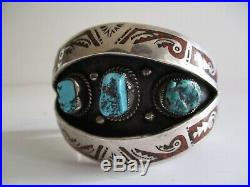 Signed B Sterling Silver Cuff Bracelet Native American Indian Navajo Turquoise