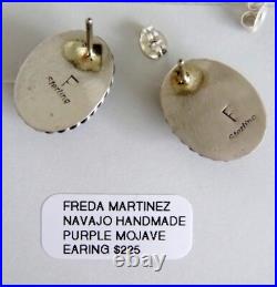 Signed NWT Navajo Freda Martinez Purple Mojave Earrings 925 Sterling Silver