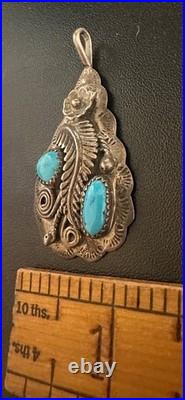Signed Navajo Native American Sterling Silver Turquoise Pendant