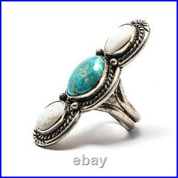 Signed Navajo Sterling Silver Blue Turquoise Mother of Pearl Ring (Sz 6) B143