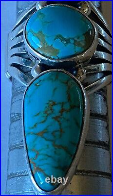 Signed Navajo Sterling Silver Three-Stone Manassa Turquoise Ring Size 7