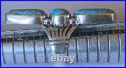 Signed Navajo Sterling Silver Three-Stone Manassa Turquoise Ring Size 7