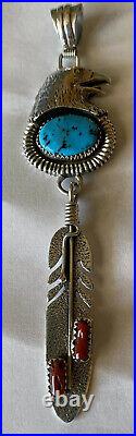 Signed Navajo Sterling Silver Turquoise And Red Coral Eagle Pendant