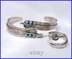 Signed Navajo Sterling Silver & Turquoise Etched Feather Ring & Bracelet Set