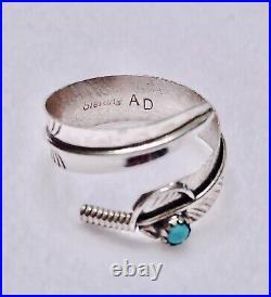 Signed Navajo Sterling Silver & Turquoise Etched Feather Ring & Bracelet Set