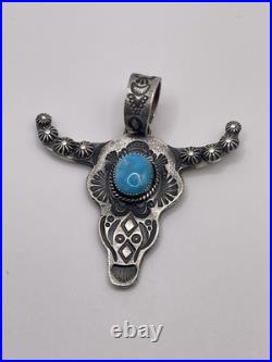 Signed Navajo Sterling Silver Turquoise Steer Head Pendant