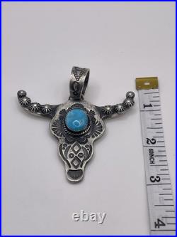 Signed Navajo Sterling Silver Turquoise Steer Head Pendant