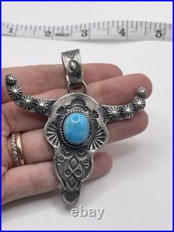 Signed Navajo Sterling Silver Turquoise Steer Head Pendant