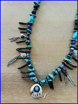 Signed Richard Begay Navajo Sterling Silver Turquoise/Black Bear Paw Necklace