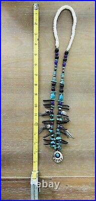 Signed Richard Begay Navajo Sterling Silver Turquoise/Black Bear Paw Necklace