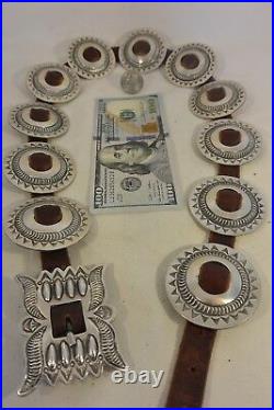 Signed TC 11+ozt Navajo 11 CONCHO BELT buckle Sterling Silver heavily Stamped
