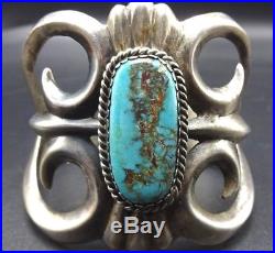 Signed Vintage NAVAJO Heavy Sand Cast Sterling Silver TURQUOISE Cuff BRACELET