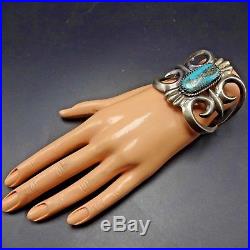 Signed Vintage NAVAJO Heavy Sand Cast Sterling Silver TURQUOISE Cuff BRACELET
