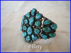 Signed Vintage NAVAJO Heavy Sterling Silver & CLUSTER TURQUOISE Cuff BRACELET